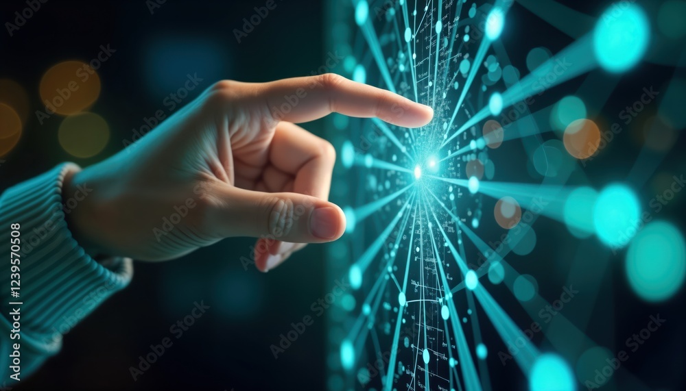 Aufkleber Close-up view of hand touching digital hologram interface. Interface displays interconnected data points representing artificial intelligence, network connectivity in data analysis, tech. Glowing