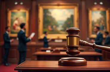 Auctioneer gavel sits on table. High-priced art pieces visible in background. People in suits look at art. Wealthy people, art experts participate in auction. Likely in art gallery auction house.
