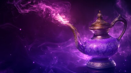 Magic genie lamp with purple background