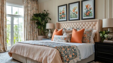 Elegant bedroom with floral decor and orange accents in bright natural light