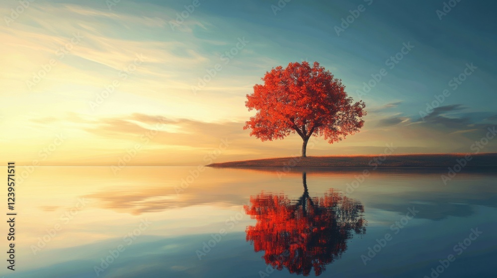 Poster beautiful autumn tree reflecting on calm water at sunset creating a serene landscape view. generativ