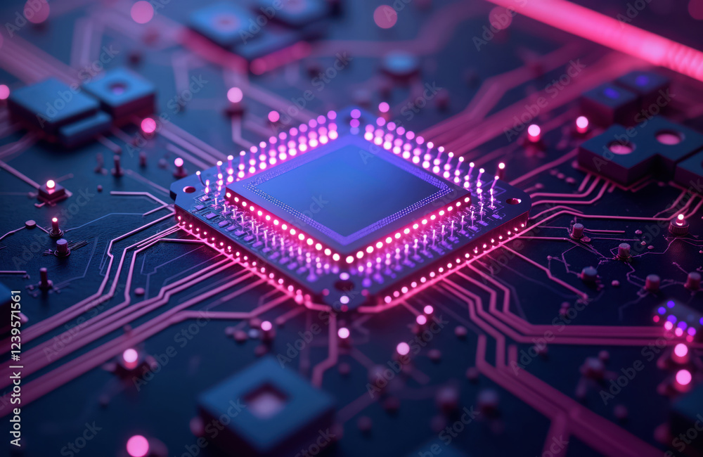 Leinwandbilder closeup computer chip glowing with purple, pink light. advanced technology circuit board. modern tec