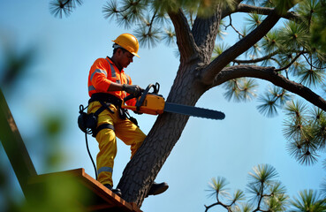 Worker in safety gear uses chainsaw to prune tree branch. Careful tree work in progress on sunny day. Expert arborist in action. High skill, professionalism in tree care operation. Safe work methods