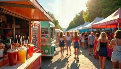 Colorful summer food festival in city. People walk and enjoy food and drinks from colorful food trucks. Sunny day. Lots of stalls and people. Lively atmosphere. Busy market. Urban event. Summer day.