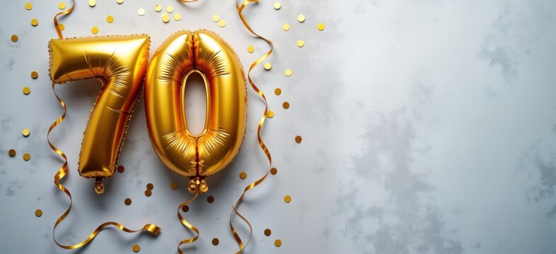 Golden foil balloon number seventy decorates gray concrete background. Birthday anniversary celebration. Golden confetti, ribbons scattered around. Anniversary birthday party invitation design.