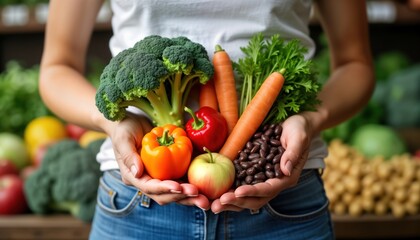 Young woman holding various healthy foods over stomach. Broccoli carrots peppers apple, beans symbolize healthy gut. Indoor studio shot. Fresh vibrant colors represent healthy eating, lifestyle