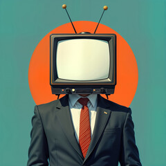 Businessman with retro TV head stands on blue backdrop. Surreal, creative image. Vintage TV head instead of normal human head. Man wearing suit, tie. Modern surrealist image style. Retro TV head