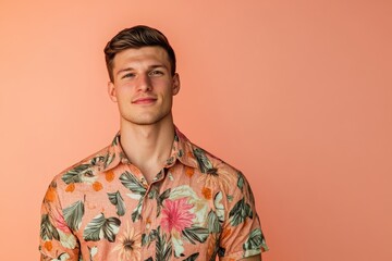 Obraz premium Stylish Young Man in Floral Shirt Against a Soft Peach Background