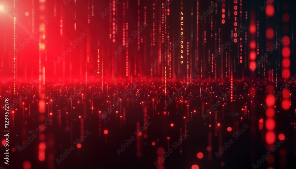 Poster abstract futuristic digital background shows red matrix with falling codes, numbers. dynamic display