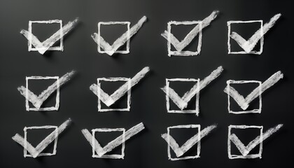 Hand drawn check marks in boxes on dark surface. Simple checklist design. Ideal for tasks, surveys, list needing marking. Visual representation of selection. Chalk crayon style drawing. Abstract