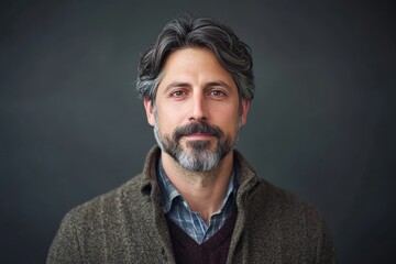 Obraz premium Confident Middle-Aged Man with Beard and Stylish Attire Against a Dark Background