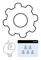 Gear symbolizing process, head with arrows for brainstorming, people in web panel for collaboration. Ideal for teamwork, innovation, productivity, growth, planning, systems abstract line flat