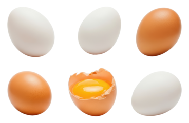 Image of white and brown eggs, one cracked open showing yolk