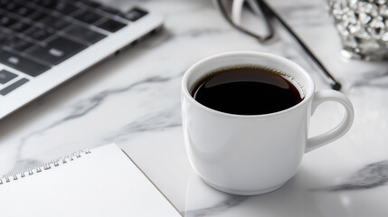 A minimalist workspace featuring a white coffee mug, an ultra-thin laptop, and a neatly arranged planner, representing organization and efficiency in modern work culture.
