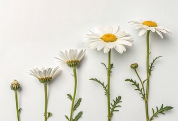 Fototapeta premium Blooming Flowers, daisies in different blooming stages, floral arrangement with white flowers on white background