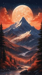 Crimson Moonrise Over Snowy Peaks
