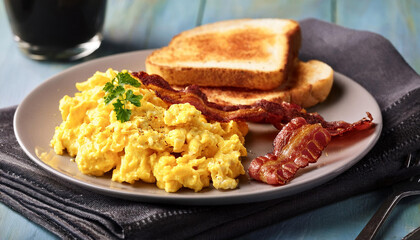 traditional scrambled egg breakfast with bacon and toast