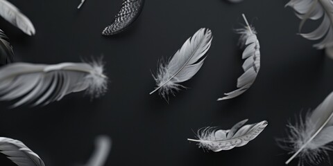 A pure black background featuring subtle, minimalist floating dandelion seeds, Light and airy layout