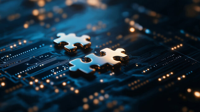 A set of glowing digital puzzle pieces hover in midair, smoothly connecting against a high-tech blue circuit board background, symbolizing flawless API integration.