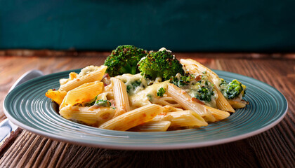 pasta baked with broccoli and bird broccoli cheese and gratin sauce on baked penne pasta