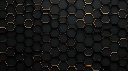 Experience elegance with this luxurious hexagonal black metal background adorned with shimmering golden light lines.