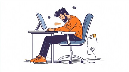 Exhausted Office Worker Sitting on a Chair and Yawning while Working at His Desk in the Office