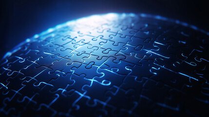 A dynamic scene of puzzle pieces forming a globe, glowing in electric blue, symbolizing worldwide API connections and digital ecosystems.