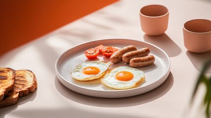 Delicious breakfast with eggs, sausages, and tomatoes perfect for morning meals