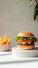 Delicious cheeseburger with lettuce, tomato, and fries on table in sunlight