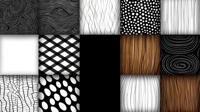 Abstract hand-drawn geometric patterns in a monochromatic palette, textured brushstrokes creating depth, ideal for illustrators' toolkits