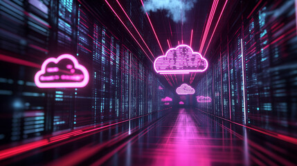 A neon-glowing cloud computing architecture with sections labeled for cost monitoring, real-time billing, and AI-driven resource distribution, symbolizing cost-efficiency.