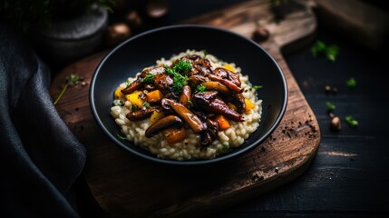 Gourmet mushroom risotto with fresh herbs on wooden board – culinary delight for fine dining