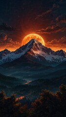 Majestic Mountain Under Fiery Moon