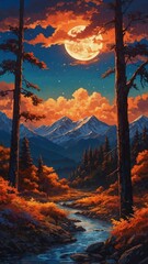 Moonlit River Through Autumn Forest