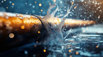 A close-up of a rusted metal pipe violently bursting open, with high-pressure water gushing out, symbolizing severe water damage and emergency plumbing repairs.