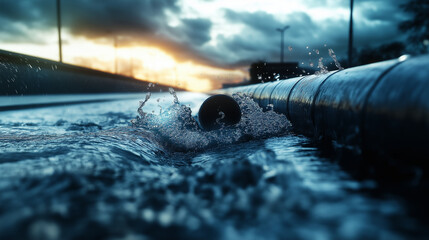 A dramatic scene of a cracked underground water pipe erupting with forceful streams of water, flooding the surrounding area and representing urgent repair needs.