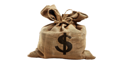 A burlap sack tied with a rope, featuring a bold dollar sign, isolated on a transparent background. Symbolizing wealth, savings, financial success, and the economy. Cut out or PNG.