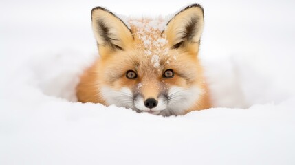 Obraz premium A red fox prowls through the deep snow, showcasing its vibrant fur and cunning nature in the winter wilderness.