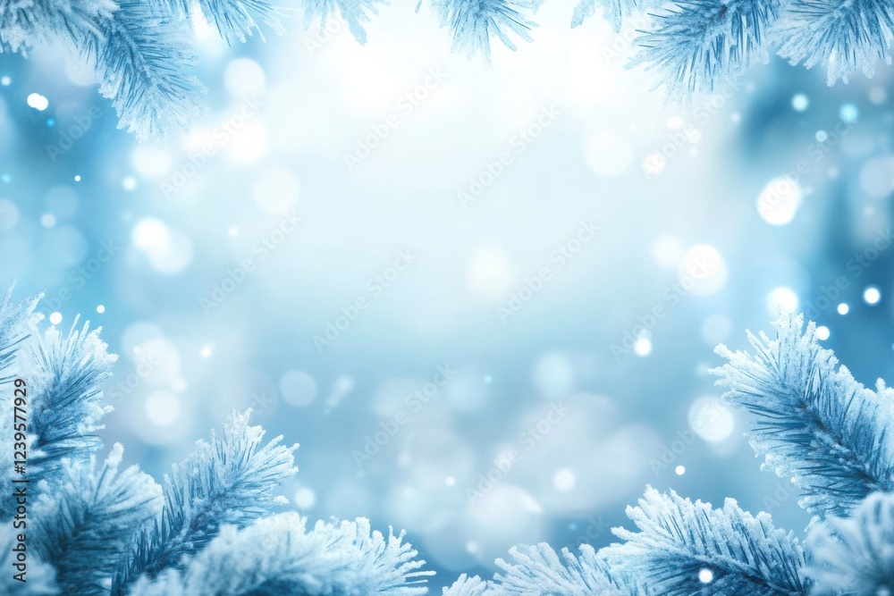 Poster winter wonderland with frosty pine branches framing a soft blurred background in shades of blue and 