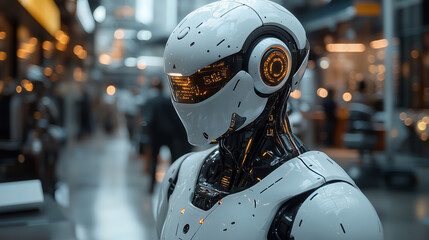 Fototapeta premium Futuristic humanoid robot with white armor and glowing visor in a high-tech environment with bokeh lights