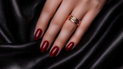 Female hands adorned with minimalistic gold rings and bold nail polish, resting on a sleek black leather surface for a sophisticated look