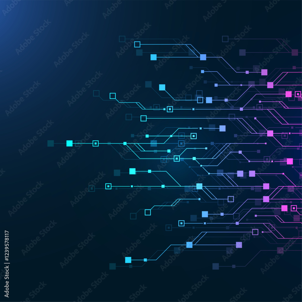 Aufkleber Artificial Intelligence or machine learning vector design. Quantum computer technology concept with circuit board and motherboard texture background design. Waves flow quantum explosion