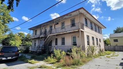 Dilapidated apartment building exterior with overgrown vegetation and car