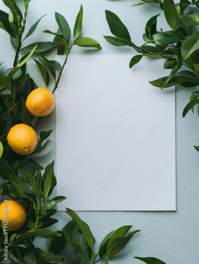 Poster Lemons and fresh greenery surround a blank sheet of paper on a soft blue background in an artistic arrangement. Generative AI