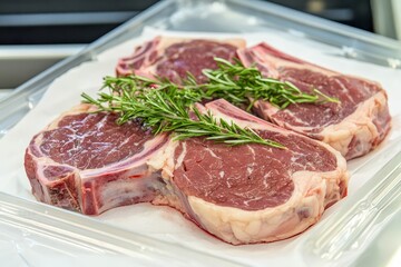 Fototapeta premium Set of various alternative raw meat steaks, veal-tomahawk steaks, Rib eye steak, T-bone steak, tenderloin.