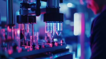 Fototapeta premium Innovative robotic machine filling transparent bottles on a production line in a modern factory, creating an impressive scene of advanced manufacturing technology