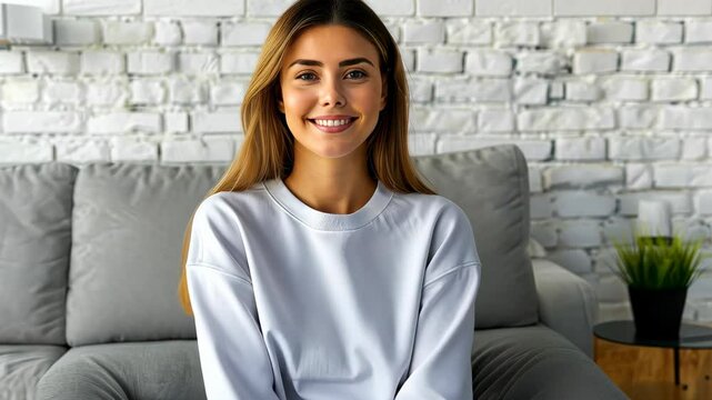 Young woman in a blank white crewneck sweatshirt sits on a couch, showcasing a modern living room setting.