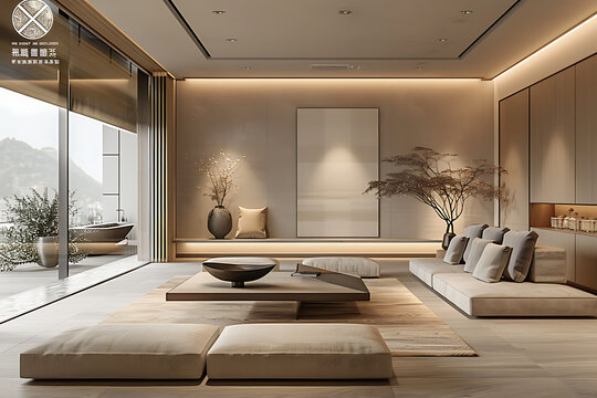 minimalist interior design, this space exudes a sleek and tranquil vibe with its elongated design and muted tones, promoting a sense of spaciousness the extended walls create visual flow