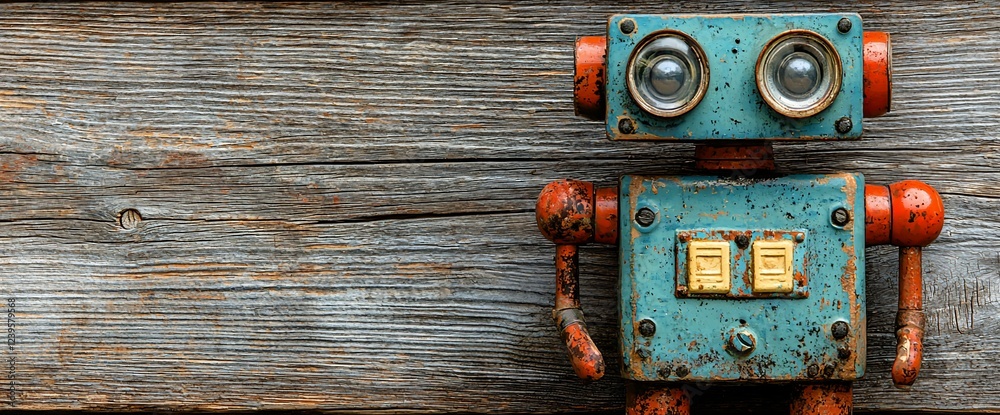 Aufkleber Rustic robot toy on wood; nostalgic tech background