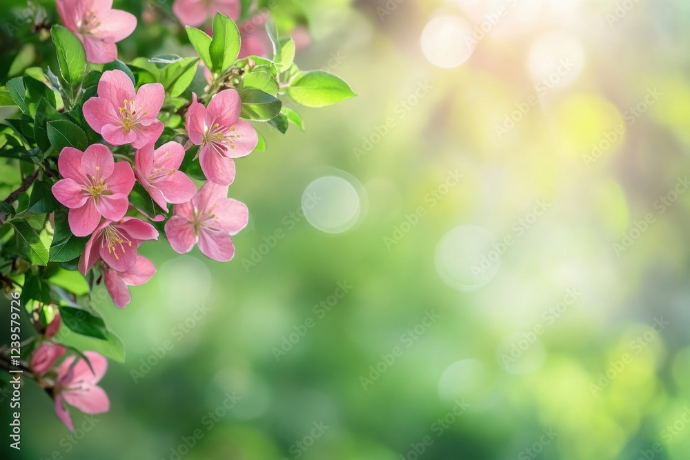 Poster delicate pink flowers bloom on branches under soft sunlight in a garden setting during spring mornin